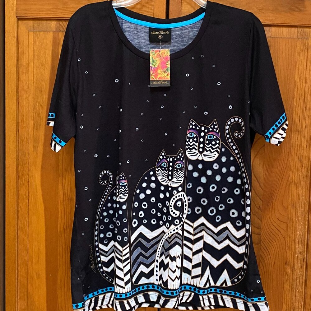 Laurel Burch Cat Short Sleeve Blouse XL NWT
